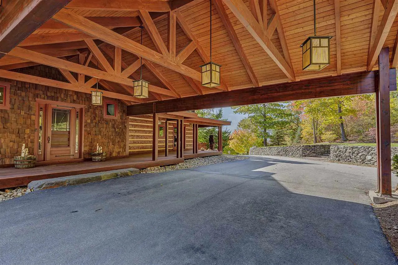 Hybrid Log Home Exterior — Timber Frame Entrance
