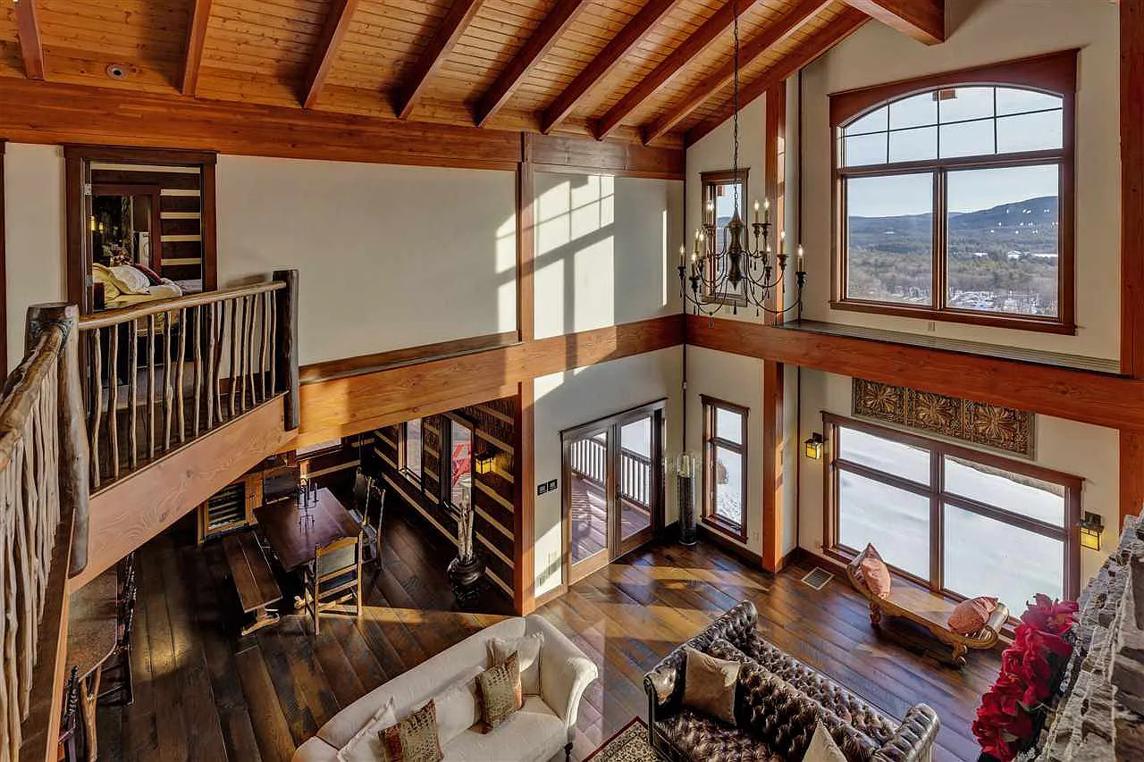 Hybrid Log Home Interior — Open Loft with Timber Beams